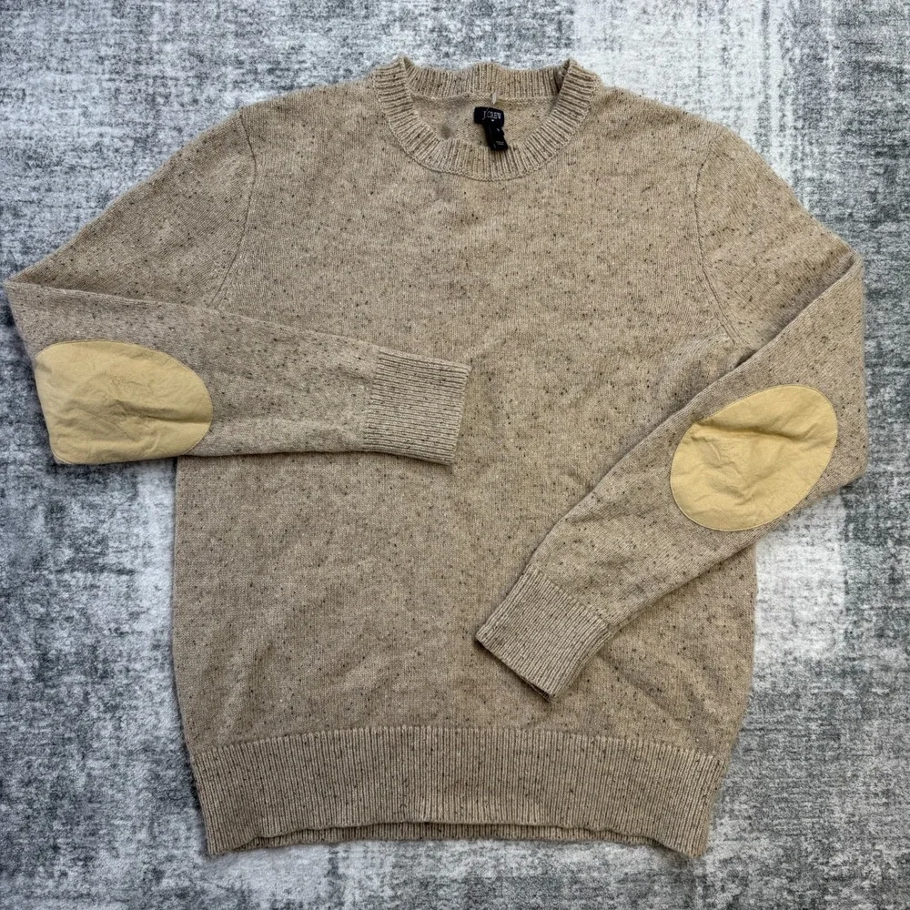 J Crew Sweater Mens Medium Beige Donegal Lambswool Elbow Patch Speckled Marled